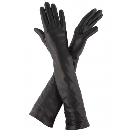 Женские длинные перчатки кожаные мод.052-48 черные