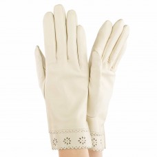 Женские перчатки кожаные  мод.205 белые (оборка кожа)