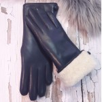 Женские перчатки кожаные с мехом  мод-043 джинс
