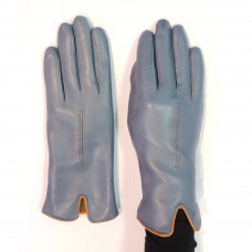 Жіночі шкіряні рукавички GlovesUA мод.407 блакитні без ремінця з оранжевою окантовкою