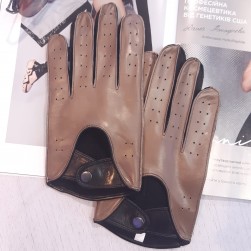  Чоловічі рукавички для водіння шкіряні GlovesUA мод.275 світлий тауп/чорний (шов назовні, без отв)