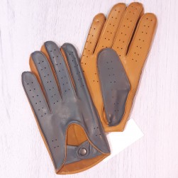Мужские перчатки для вождения кожаные GlovesUA мод275 светлый коньяк/серый  (шов внутрь, без отв)