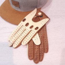 Мужские перчатки для вождения кожаные GlovesUA мод.275 светлый коньяк/бежевый  (шов внутрь, кнопка обтянута)