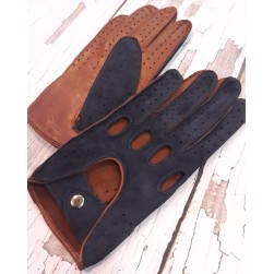 Чоловічі рукавички для водіння комбіновані GlovesUA мод.275 темно-синій/світлий коньяк (шов назовні)