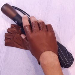 Мужские перчатки митенки кожаные GlovesUA мод 315 коньяк ( без отверстий)