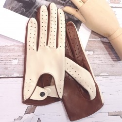 Женские кожаные автомобильные перчатки GlovesUA мод.275 бежевый/коньяк (шов внутрь, кнопка обтянута)