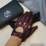 Мужские кожаные перчатки автомобильные GlovesUA мод 275 бордо / темно-синий (шов наружу, кнопка обтянута)