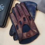 Мужские кожаные перчатки автомобильные GlovesUA мод 275 бордо / темно-синий (шов наружу, кнопка обтянута)
