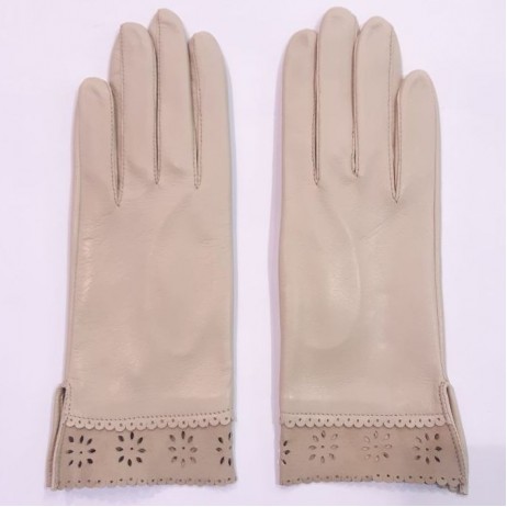 Жіночі рукавички шкіряні GlovesUA мод.205 бежеві (оборка замш)