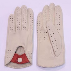 Жіночі автомобільні шкіряні рукавички GlovesUA мод.275 бежеві (шов всередину, без отв, ремінець червоний, кнопка обтягнута)